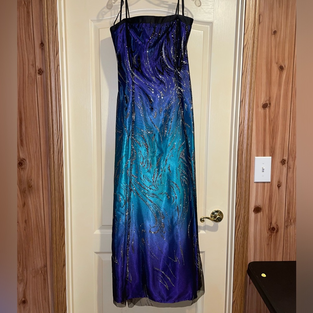 Strapless Purple & Blue Gown w/ Sheer Overlay Displaying Silver & Black Accents